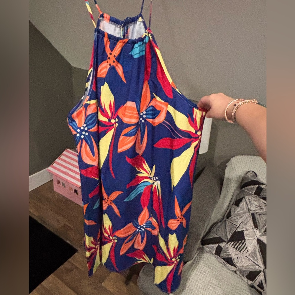 SHEIN Navy Halter Mini Dress with Orange, Pink & Yellow Floral Print - Picture 11 of 12